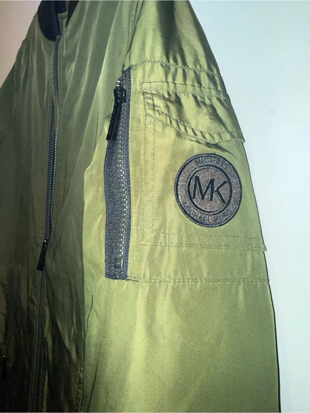 Michael Kors Olive Green Long Bomber Jacket